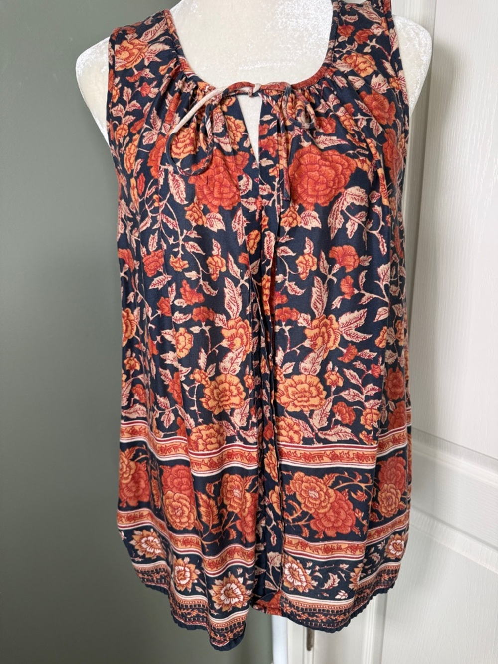 Lucky Brand Boho Floral Tank Top Sleeveless Tie Neck Rayon XL